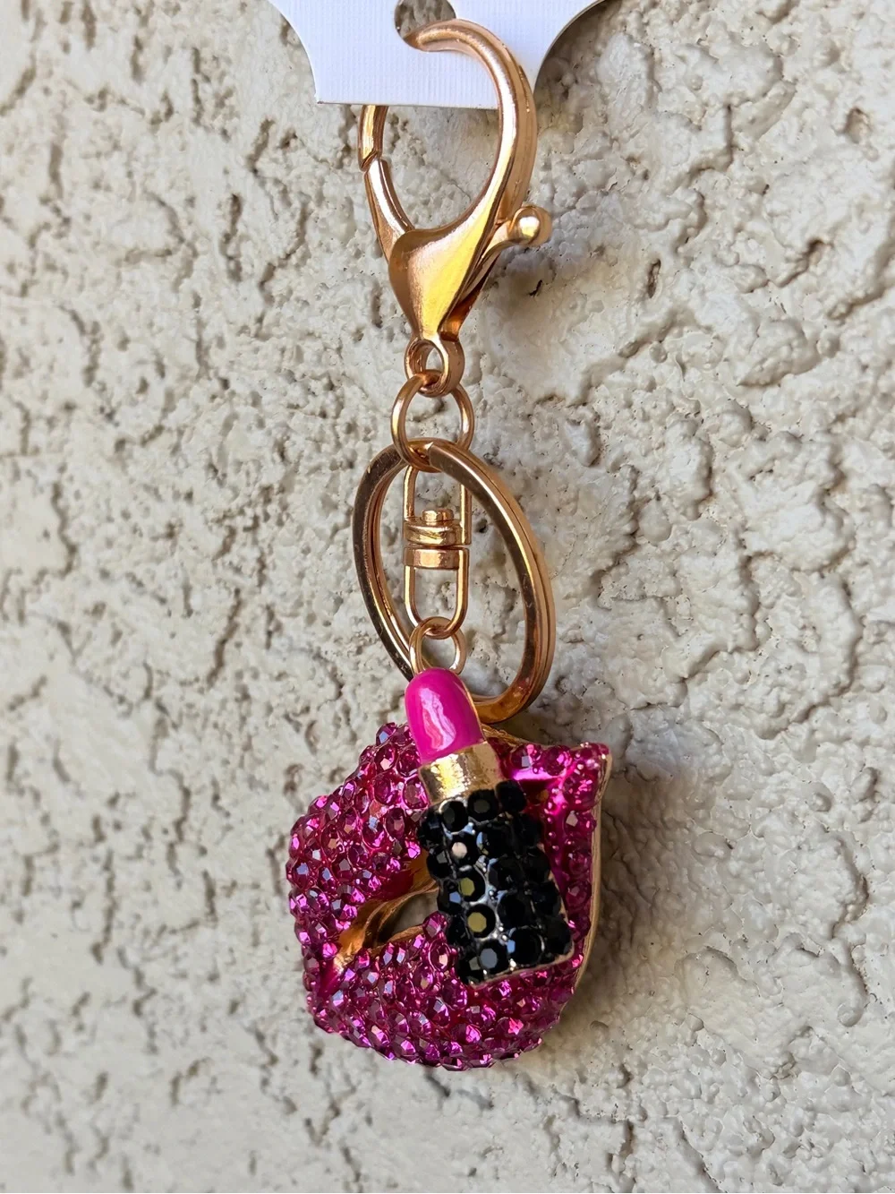 Glam Gold-Tone Hot Pink Crystal Lip & Lipstick Keychain
